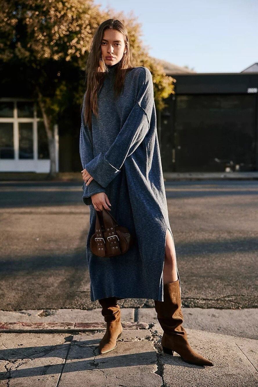 NWT $98 Free People Beach Sz L Navy Blue Faye Sweater Midi Dress Cotton Linen
